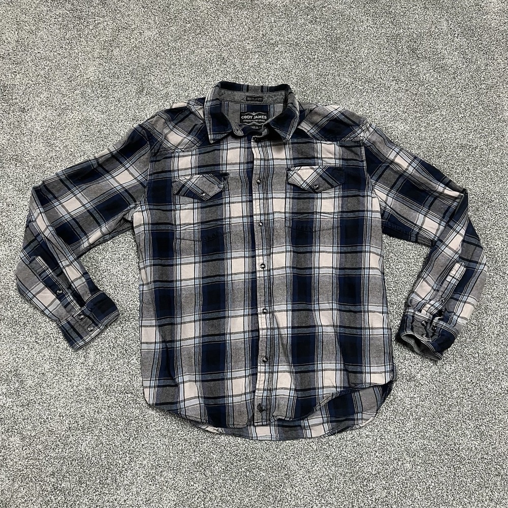 Cody James Western Shirt Mens L Blue Gray Plaid Snap Front Long Sleeve Cotton